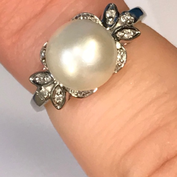 10K GENUINE ART DECO PEARL & DIAMOND COCKTAIL RING